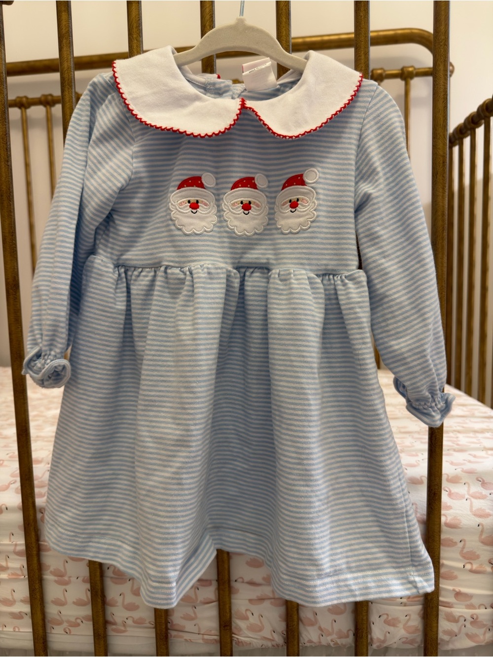 Girls' Light Blue Striped Santa Appliqué Dress with White Collar